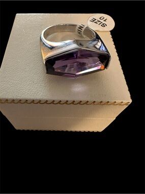 Rhodium Plated Silver  Statement Ring with Purple Cubic Zirconia